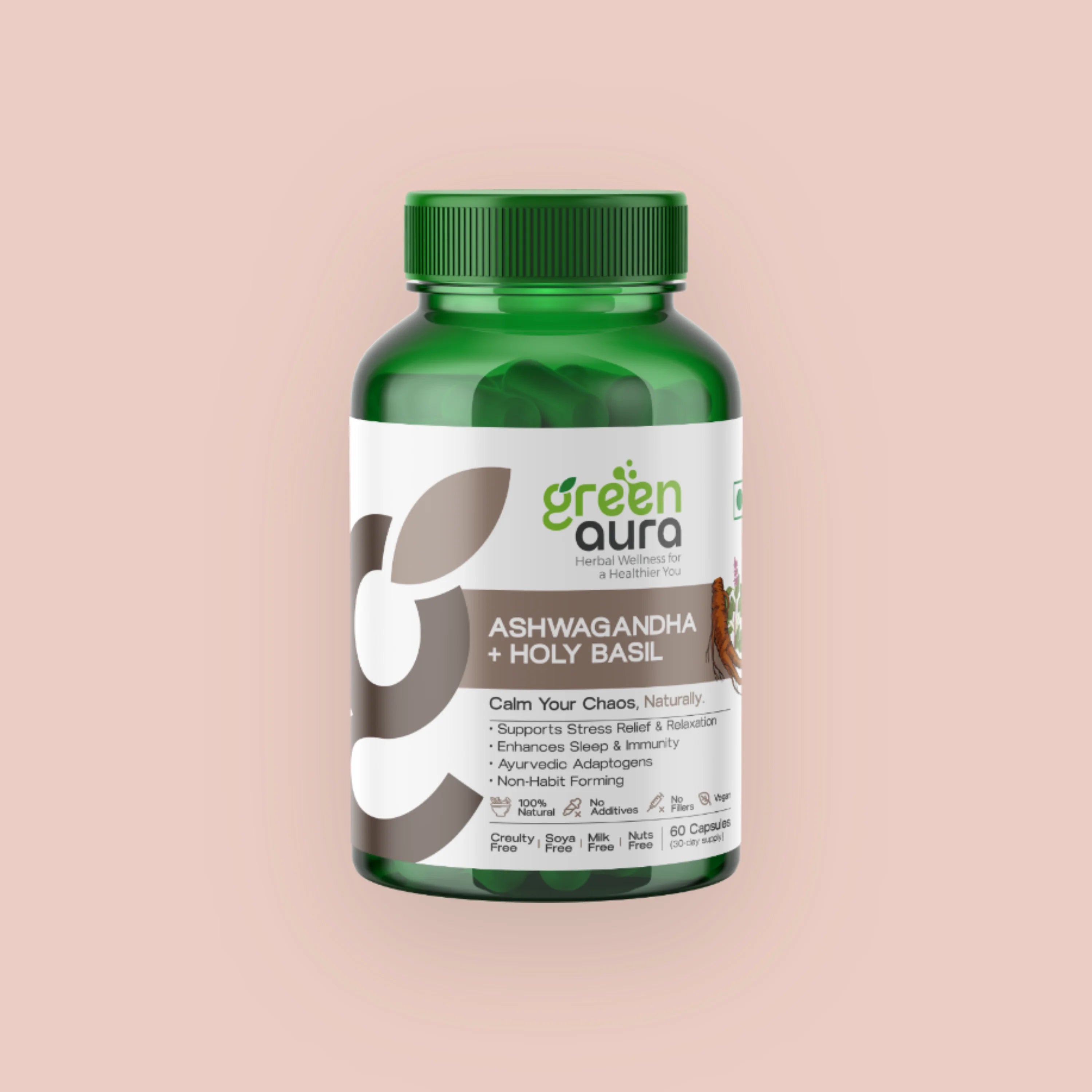 Ashwagandha and Holy Basil bottle, 60 capsules, front